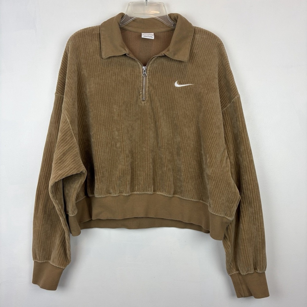 Nike Sportswear Sweater Womens S Beige Velour Corduroy 1/4 Zip Crop Long Sleeve
